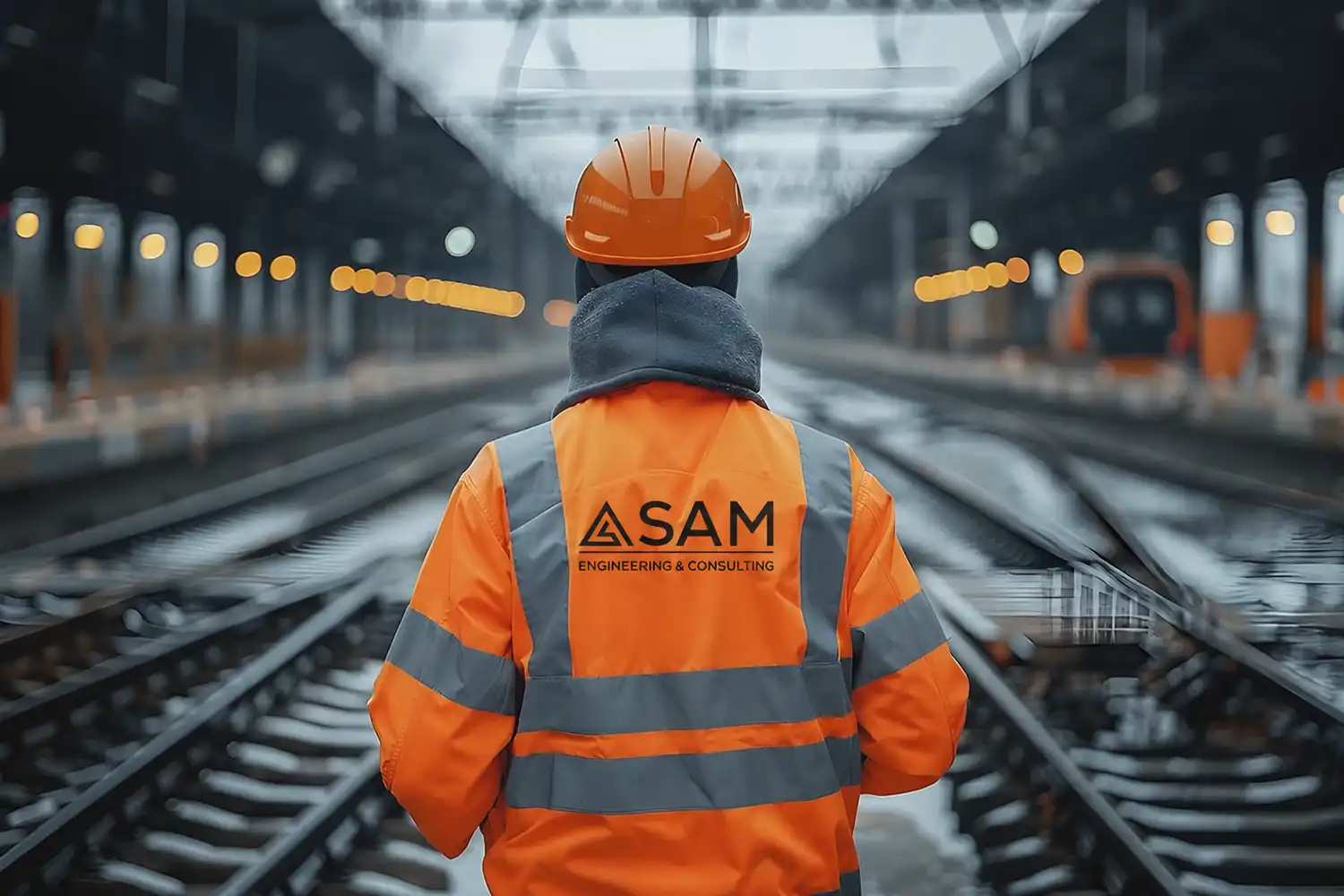 Bauüberwacher in Warnschutzkleidung auf einer Gleisbaustelle im Bahnhof