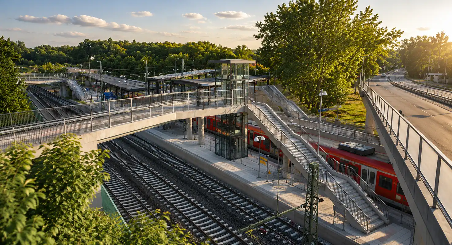 S13-Ausbau Troisdorf–Bonn — modernisierter Haltepunkt mit barrierefreier Fußgängerbrücke, Aufzügen und haltendem Zug an der mehrgleisigen Strecke