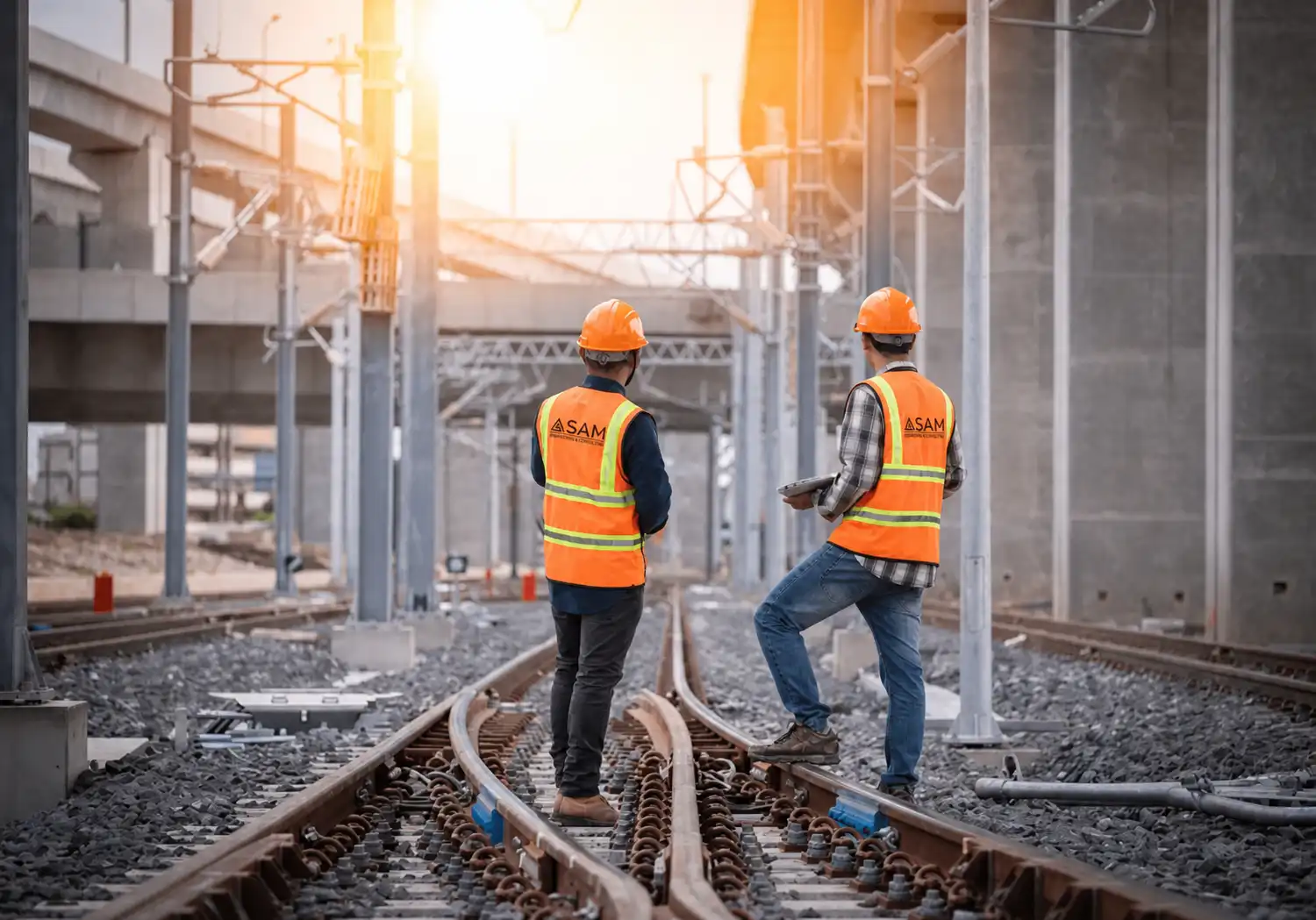 Zwei Bauüberwacher von SAM Engineering auf einer Gleisbaustelle